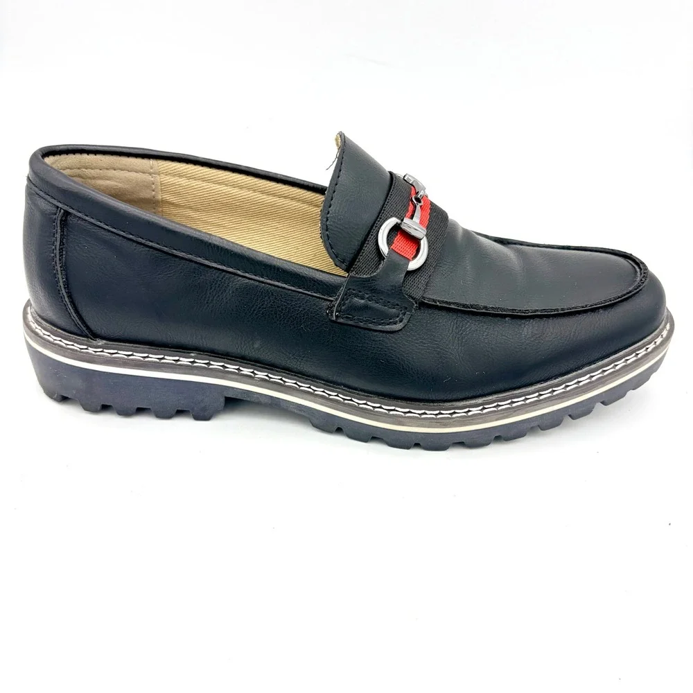 Steve Madden Karver Mens Bit Loafers Black Webbing‎ Strap Lug Sole 9.5